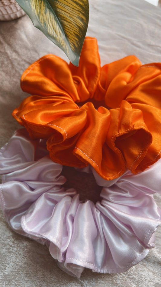 L orange & lavender color silk fabric scrunchies